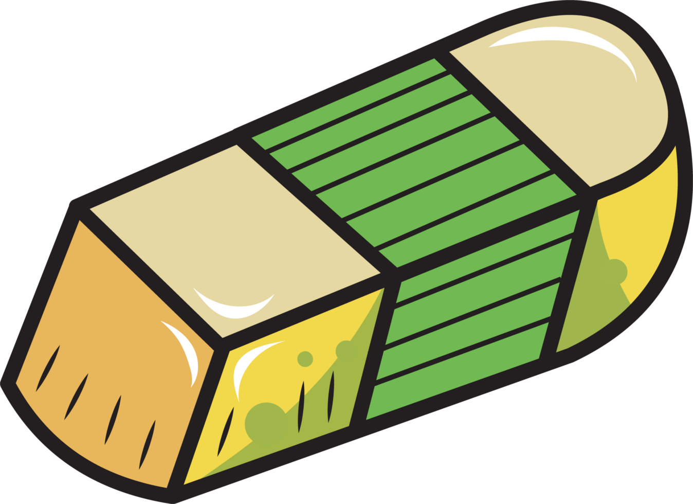 Hand drawing of yellow rubber eraser wrapped in green paper png
