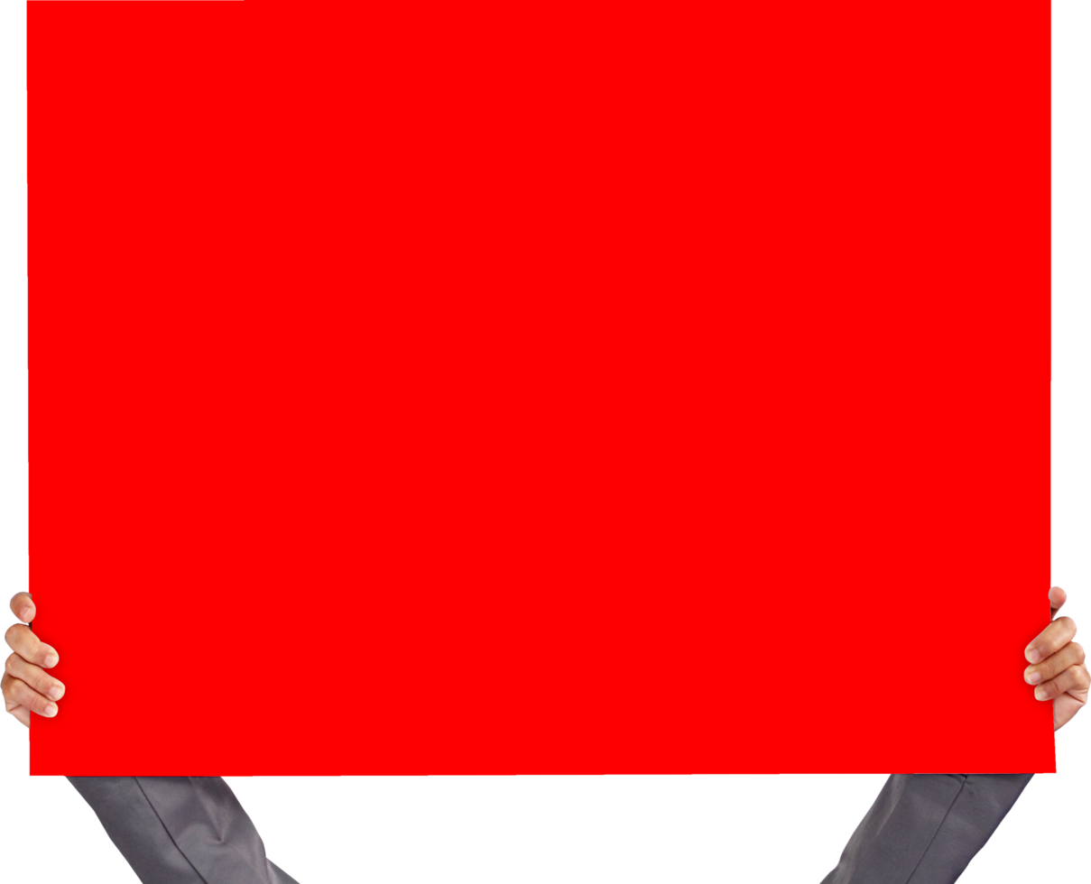 A person in a suit holding up a red sign png