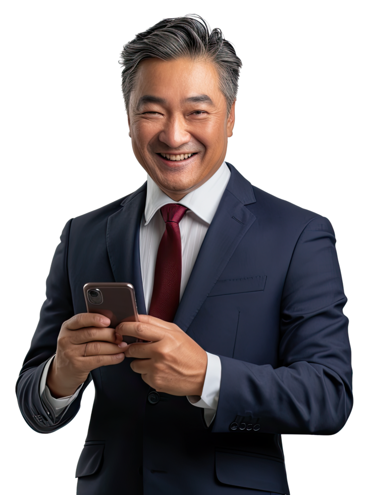 A man in a suit and tie holding a cell phone png