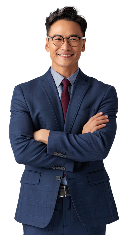 A man in a suit and tie standing with his arms crossed png