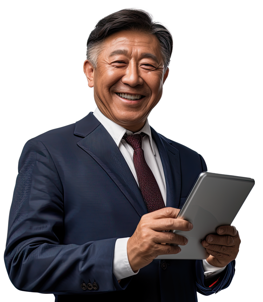 A man in a suit holding a tablet computer png
