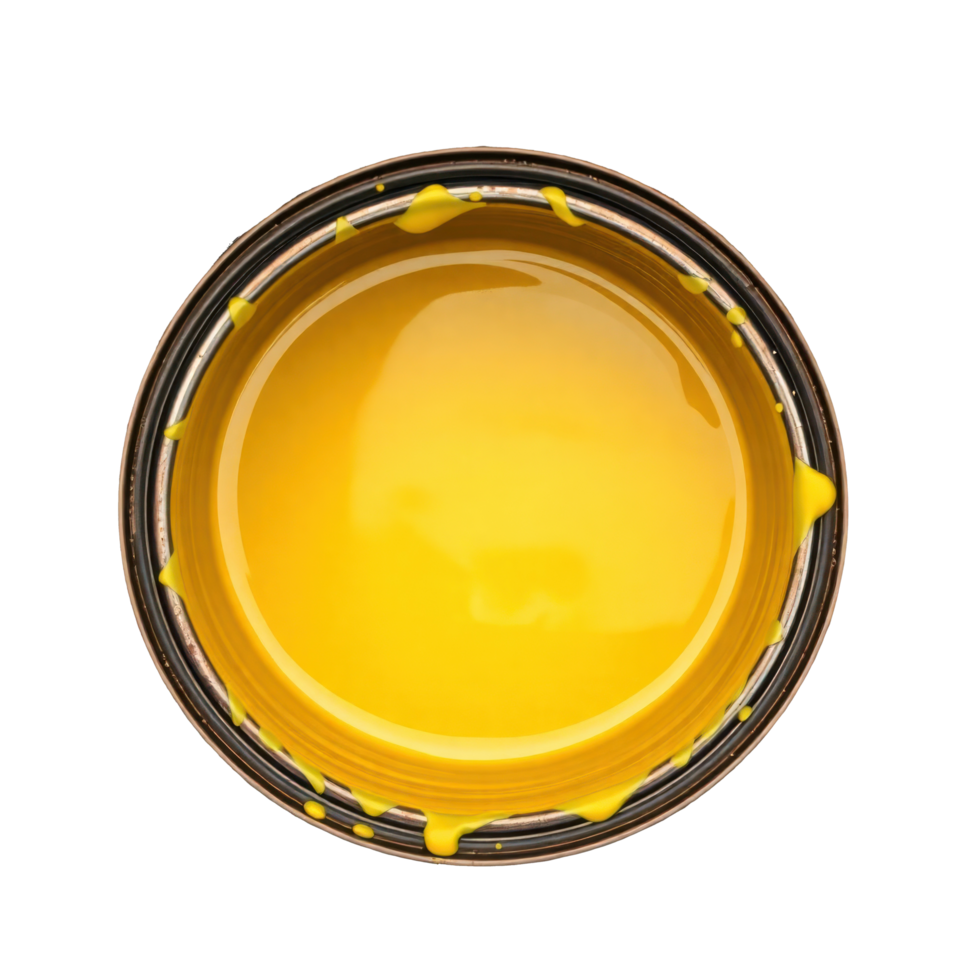 Overhead shot of a metal paint can filled with a vibrant, glossy yellow paint. Paint spills over rim. png
