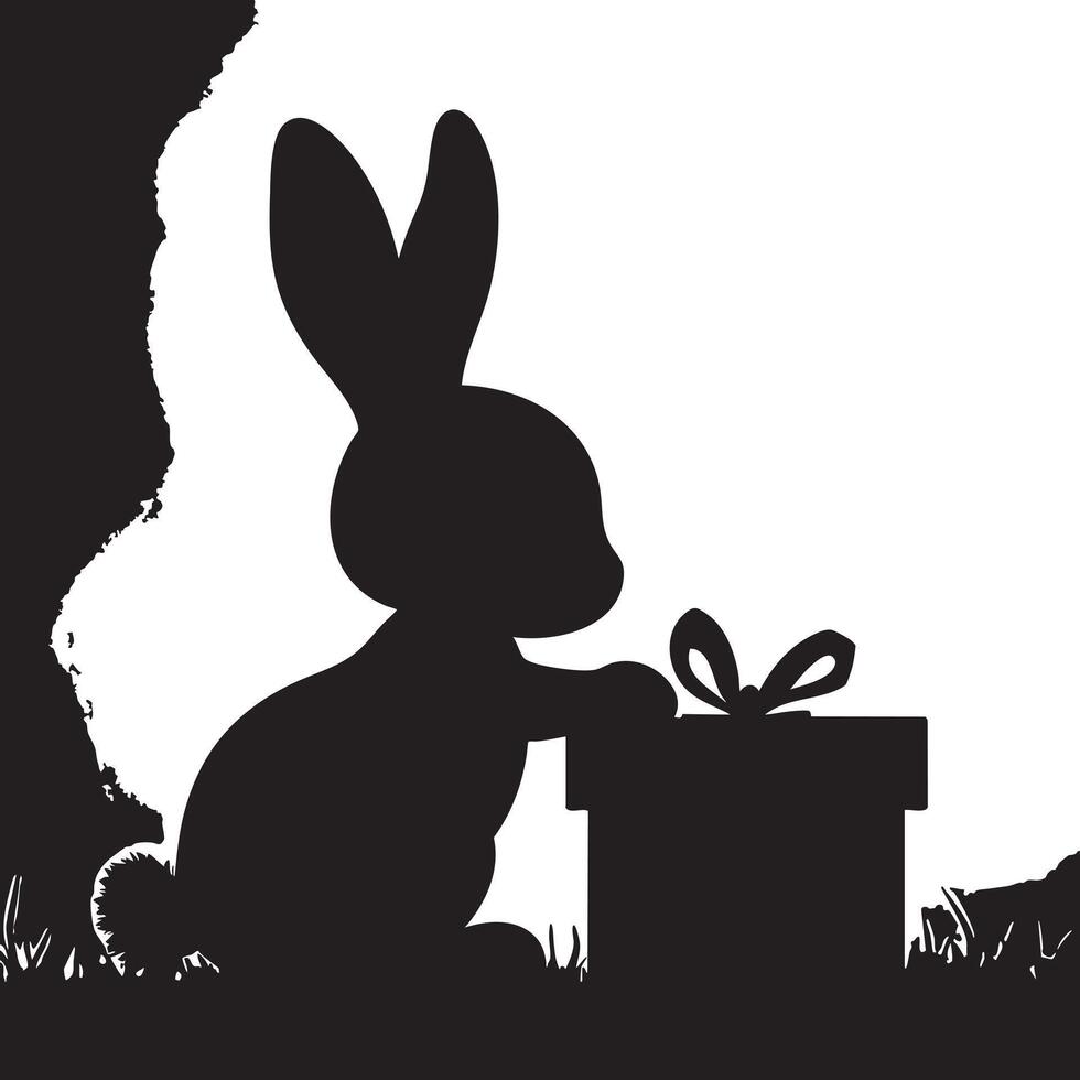 A black and white silhouette of a rabbit with a gift box vector