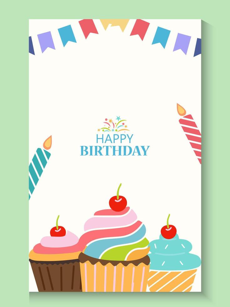 happy birthday poster card template with cupcakes and candles vector