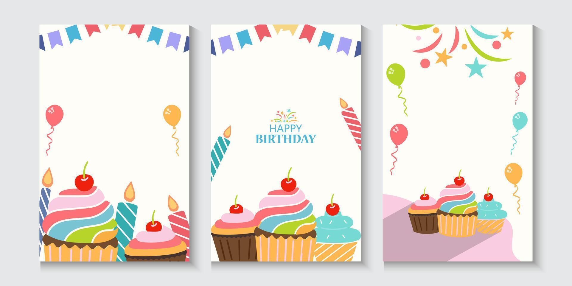 happy birthday card or banners with cupcakes and balloons and copy space vector