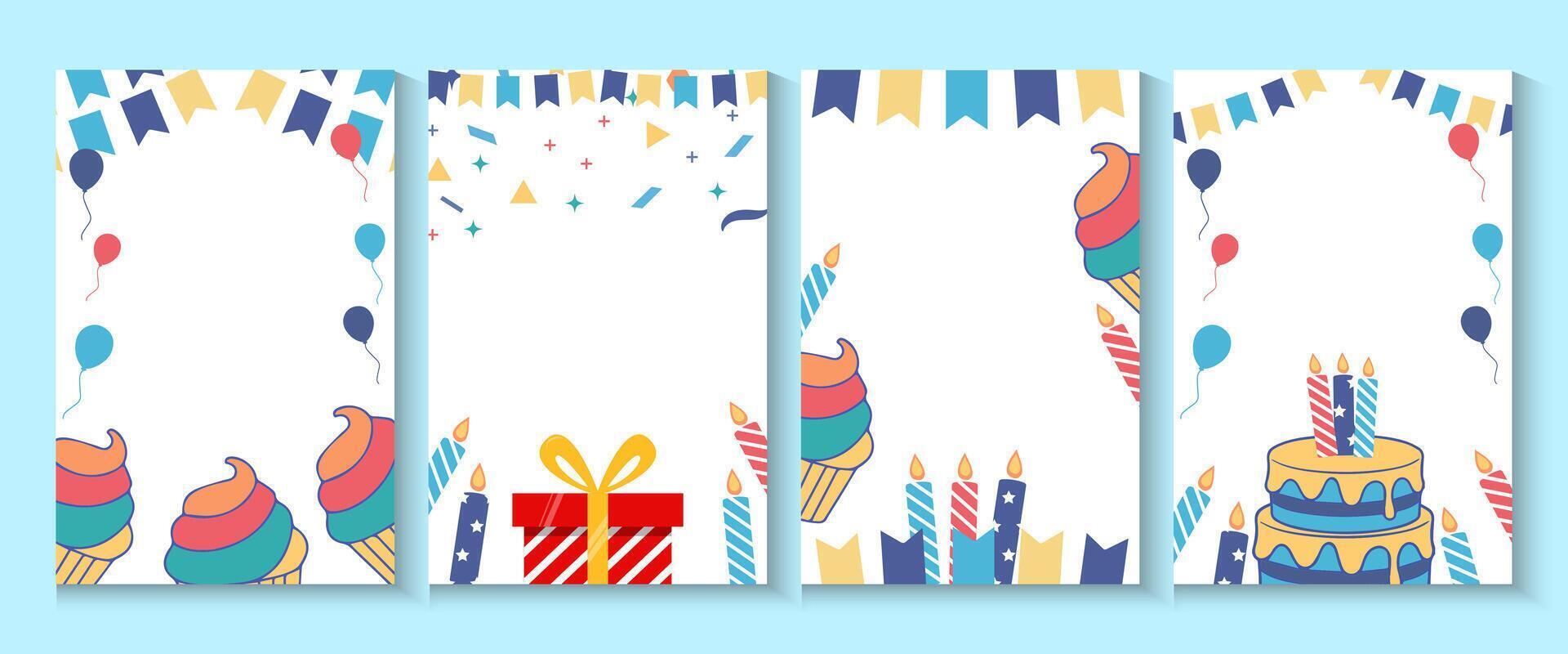 set of greeting crad or banners birthday with cake, candles and confetti and copy space for text vector
