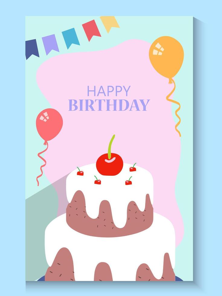 greeting happy birthday card with cake and balloons vector