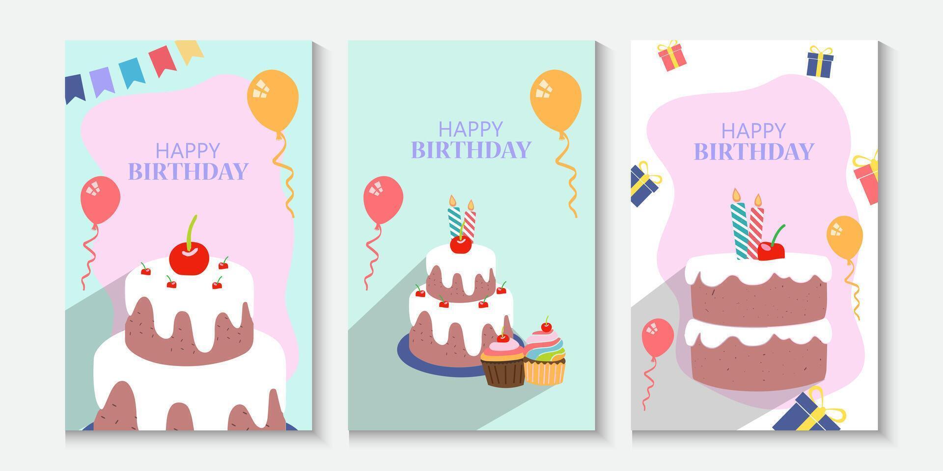 set of happy birthday card poster or banners with cake and candles vector