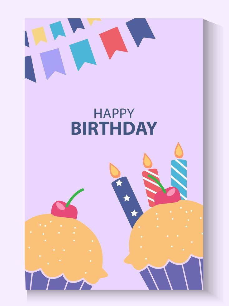 colorful birthday card template with cupcakes and candles vector