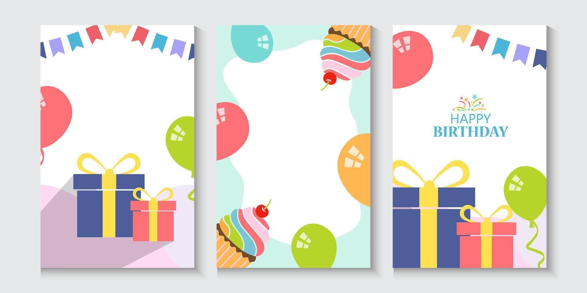 set of colorfull birthday card poster or banners with balloons and gifts box with copy space for text vector