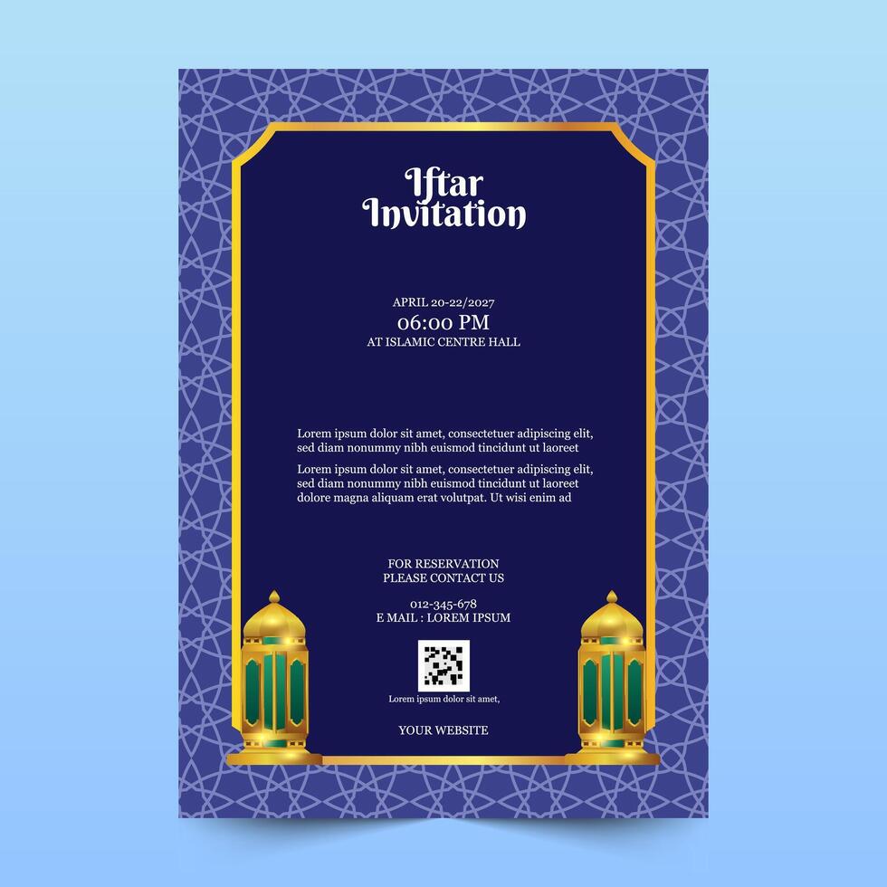Ramadan iftar invitation template. beautiful pattern design and golden lantern. A4 size. vector