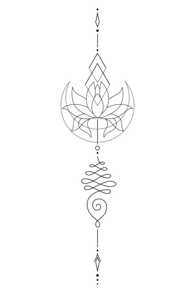 Mystic Lotus Sacred Geometry Unalome Boho Tattoo Design. vector
