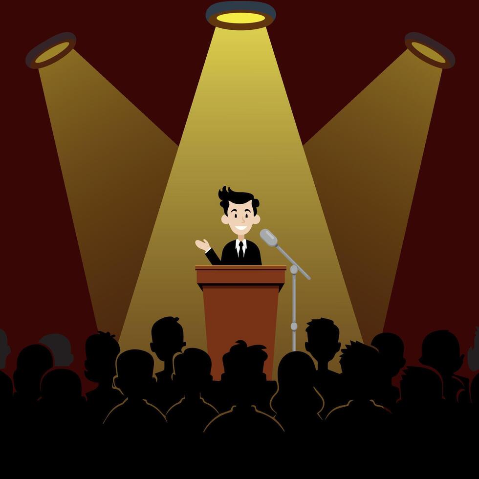 Guy feels free and relaxed behind the podium for public speaking in the spotlight in front of the audience, public speaking, flat style vector