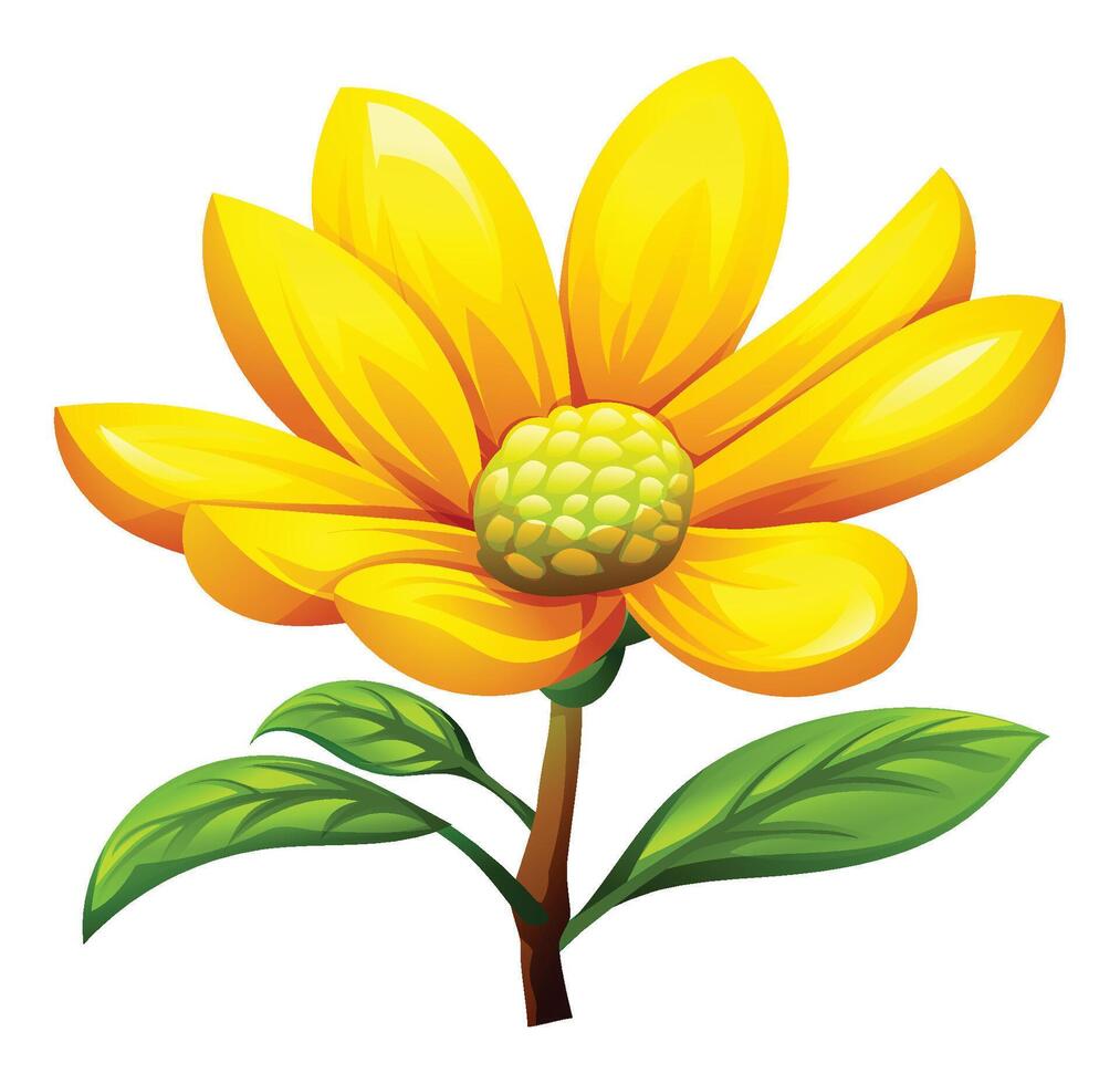Yellow magnolia flower in bloom with open petals and leaves. Cartoon illustration vector