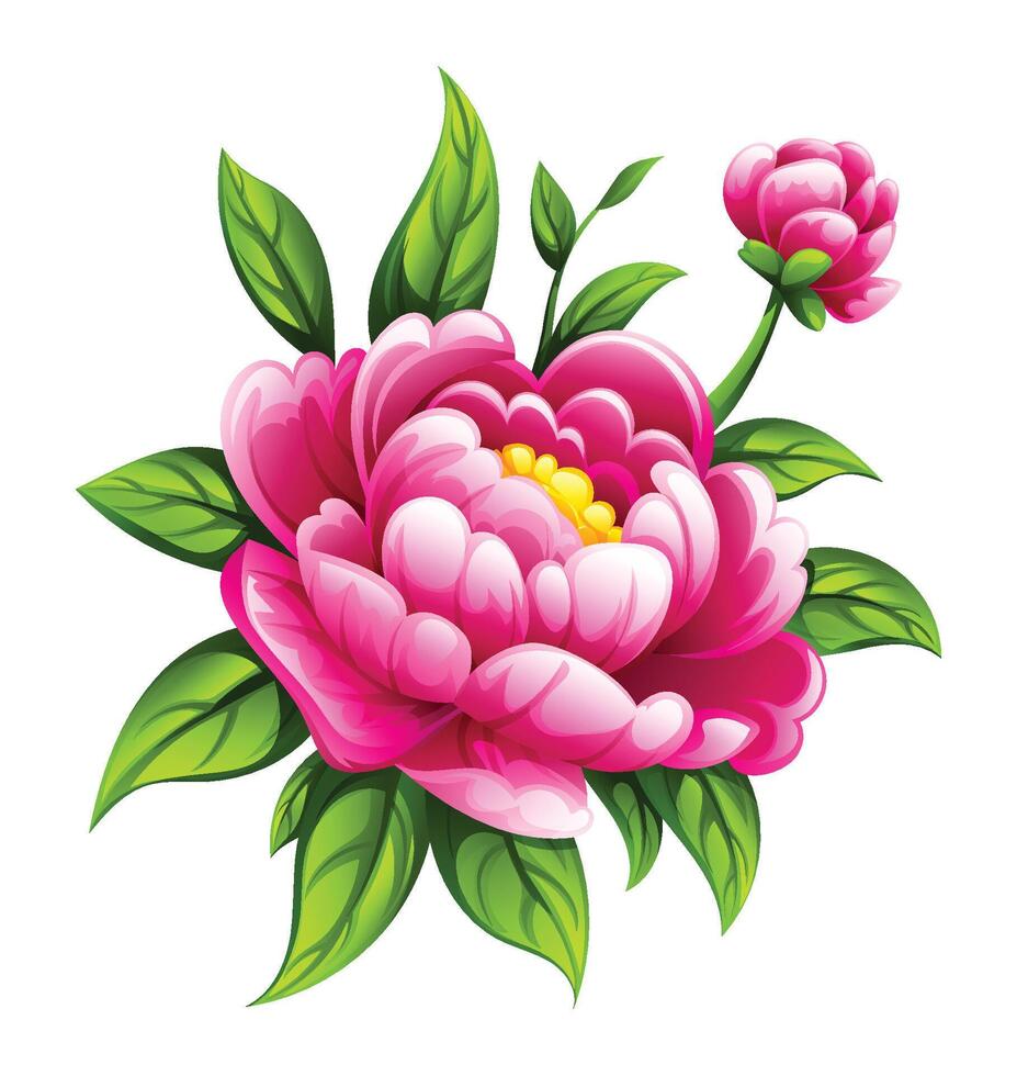 Pink peony flower blooming with green leaves and a bud. Cartoon illustration vector