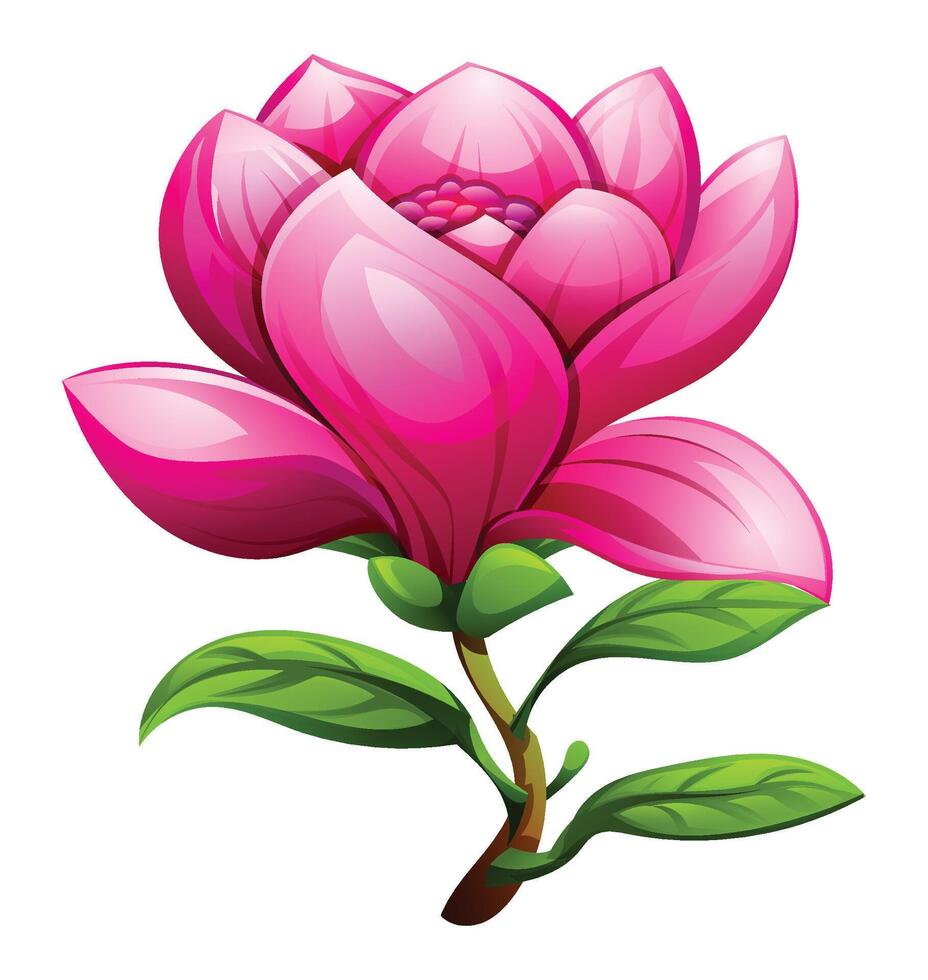 Pink magnolia flower with soft petals and leaves, showcasing a delicate bloom. Cartoon illustration vector
