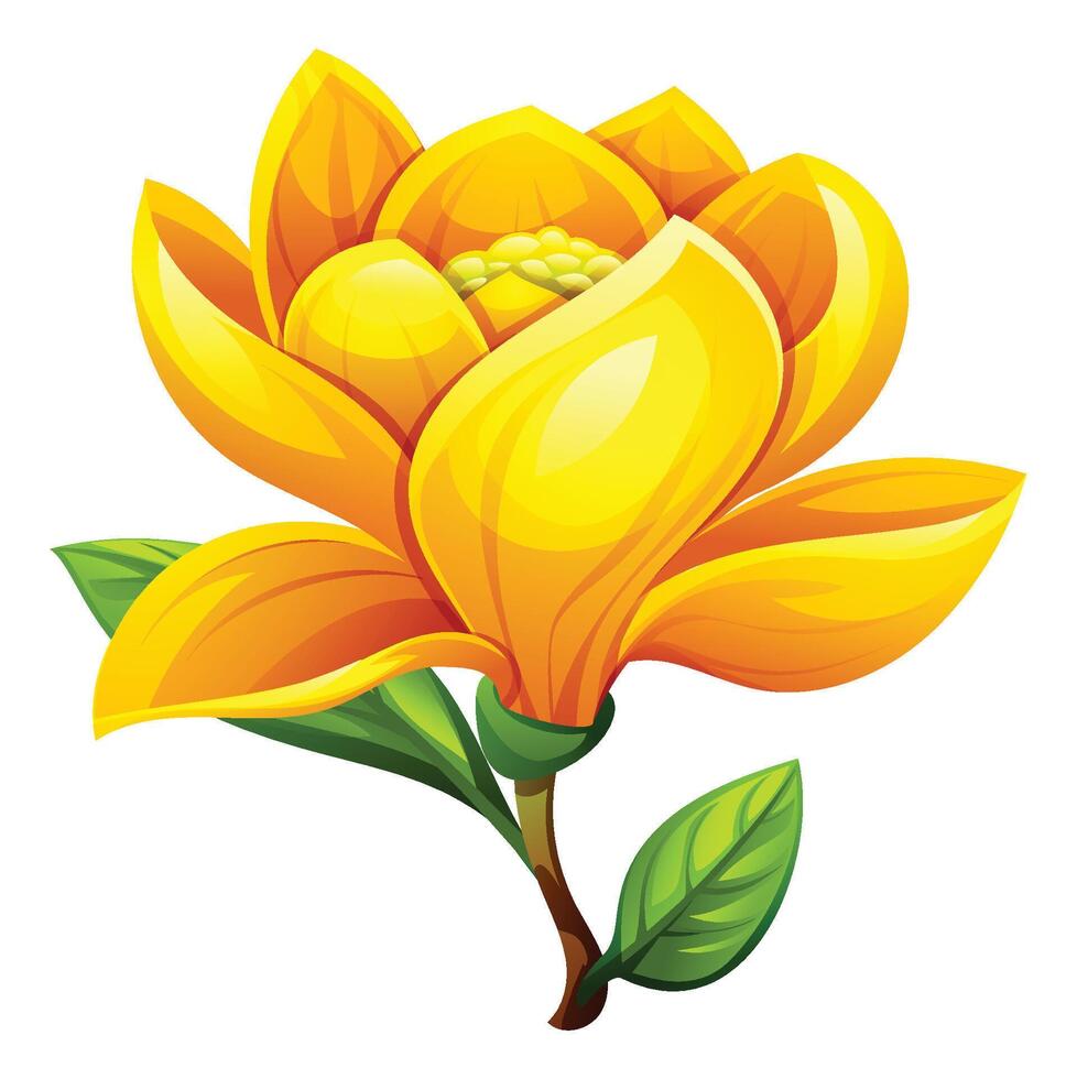 Yellow magnolia flower with soft petals and leaves, showcasing a delicate bloom. Cartoon illustration vector