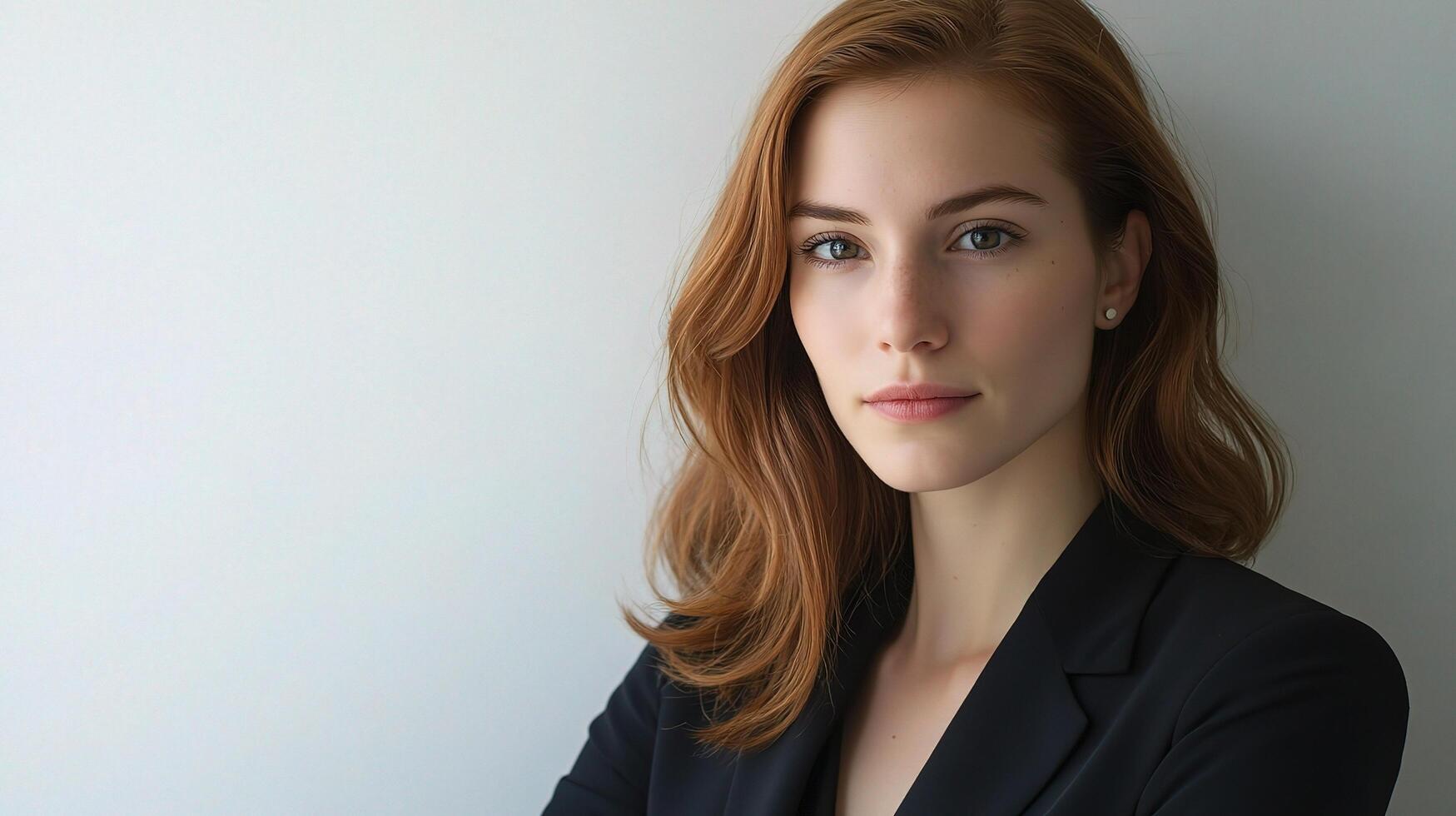 Young Businesswoman Posing Professionally in Modern Office Setting photo