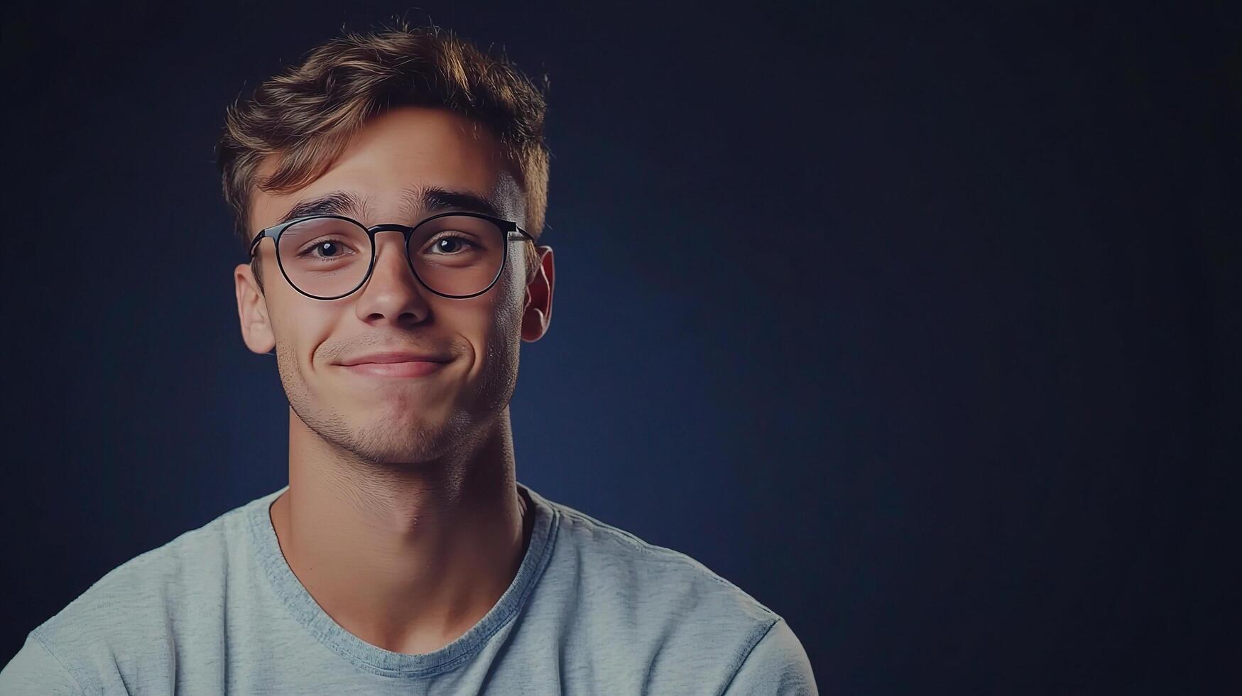 A young man with glasses on a dark background photo