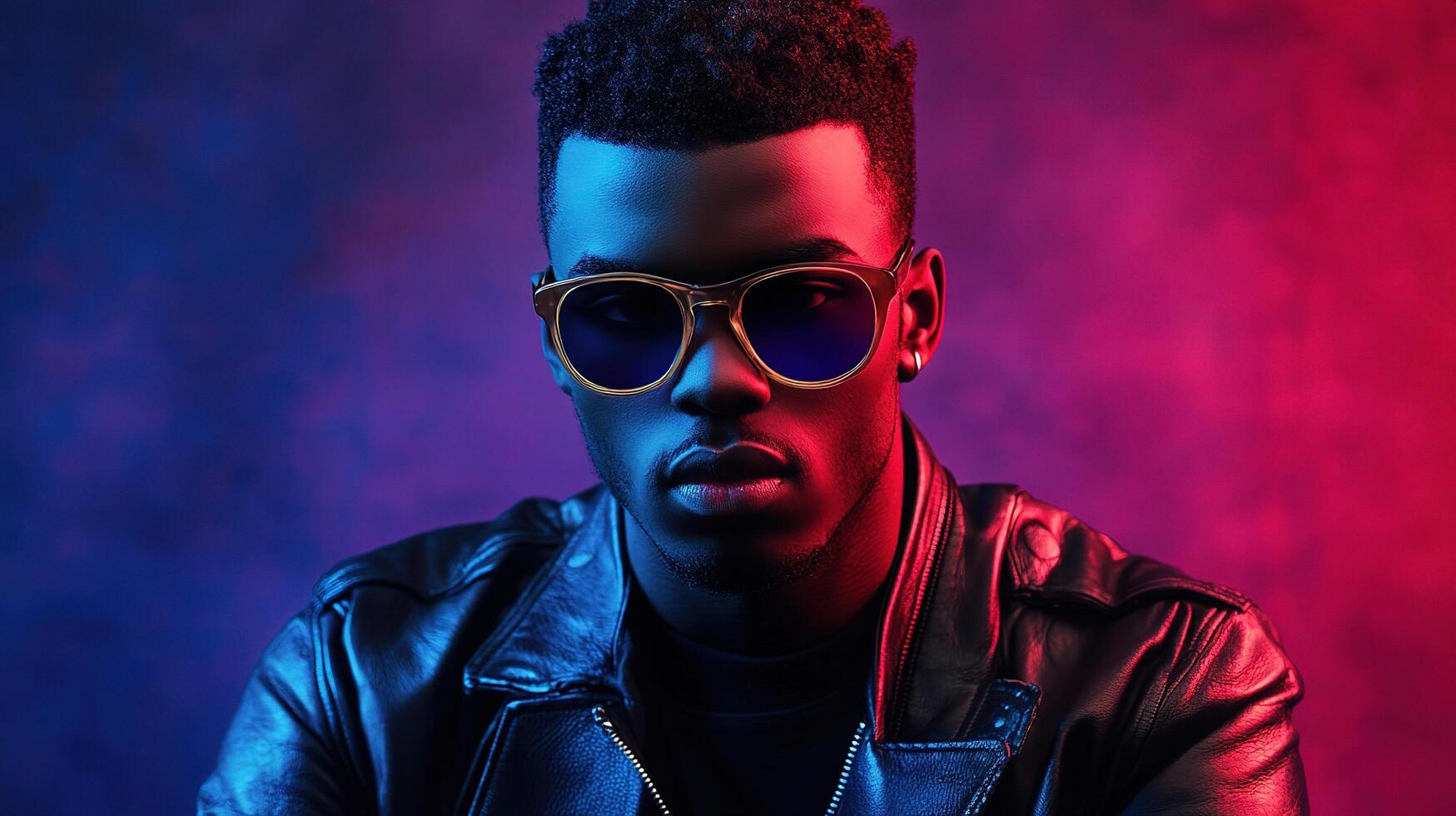 A man wearing sunglasses and a leather jacket photo