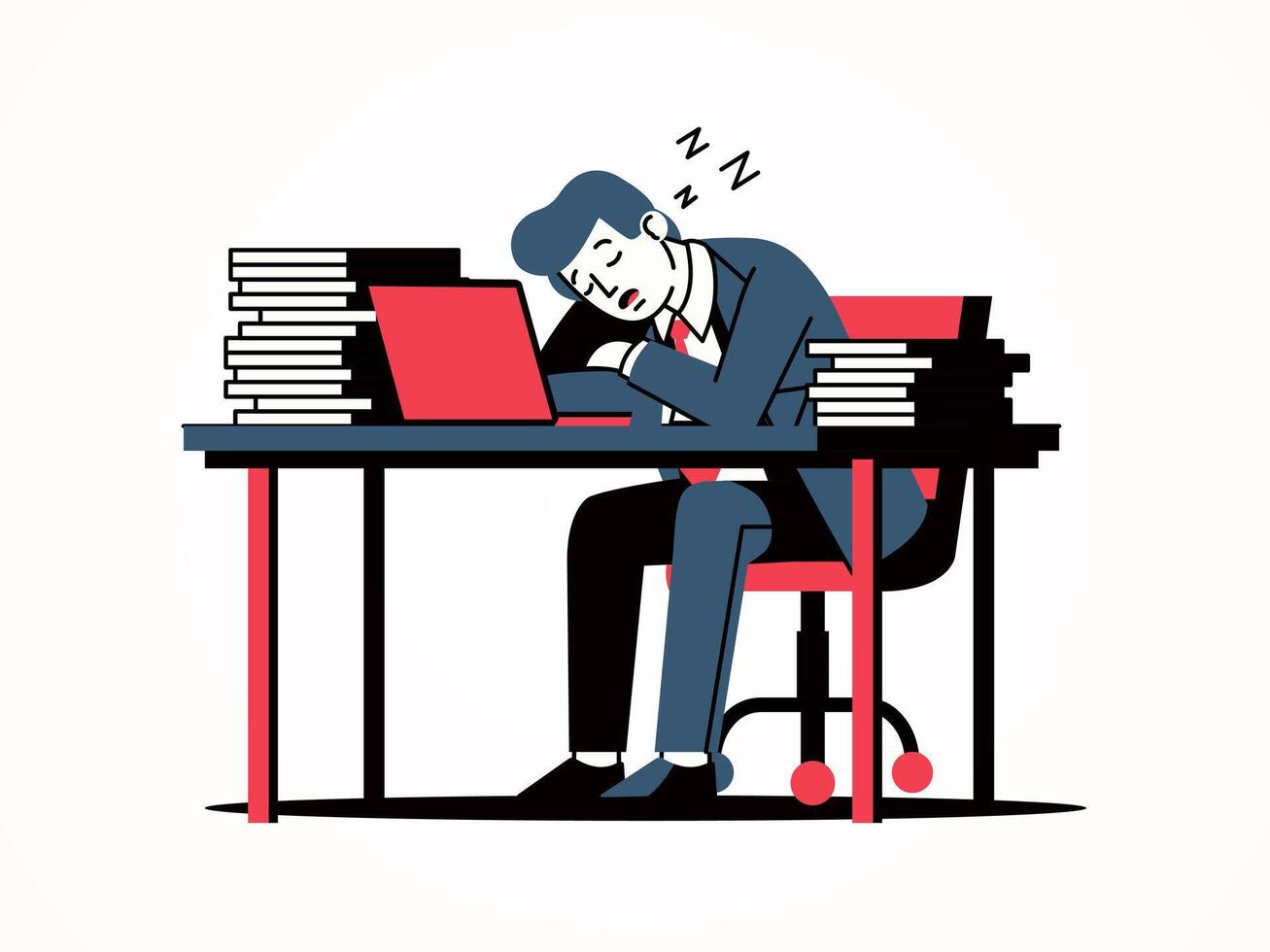 Employee sleeping at work desk, flat cartoon. Suitable for career and business vector