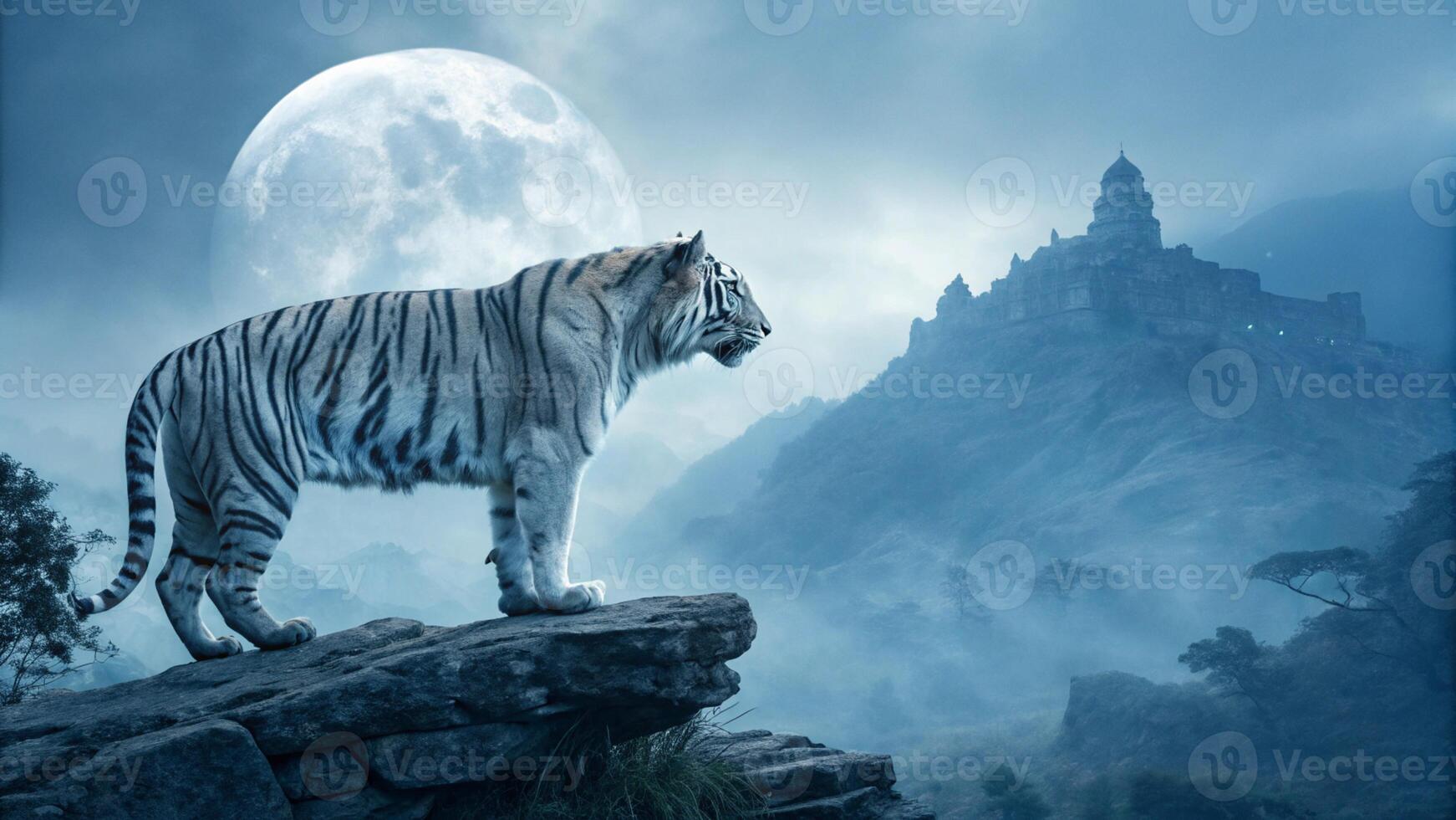 A stunning artistic interpretation of the legendary Blue Tiger, standing on a misty mountain peak photo