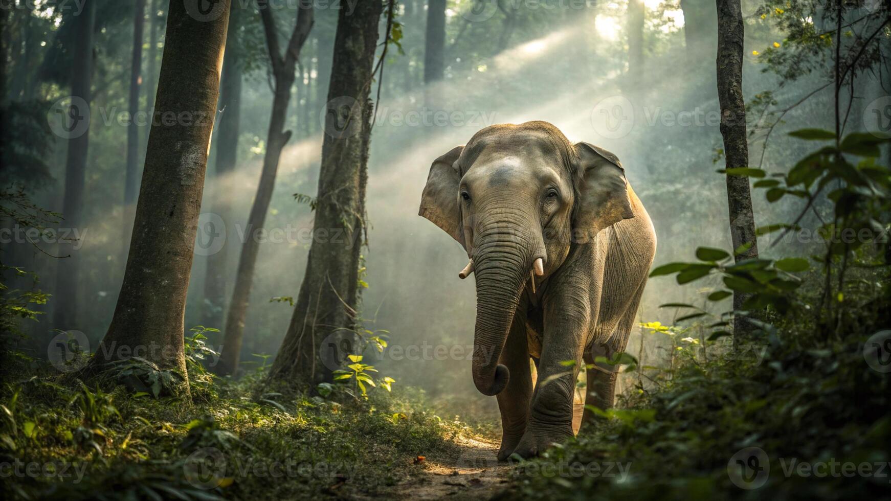 A stunning realistic photograph of a Sumatran Elephant in the heart of a dense tropical rainforest photo