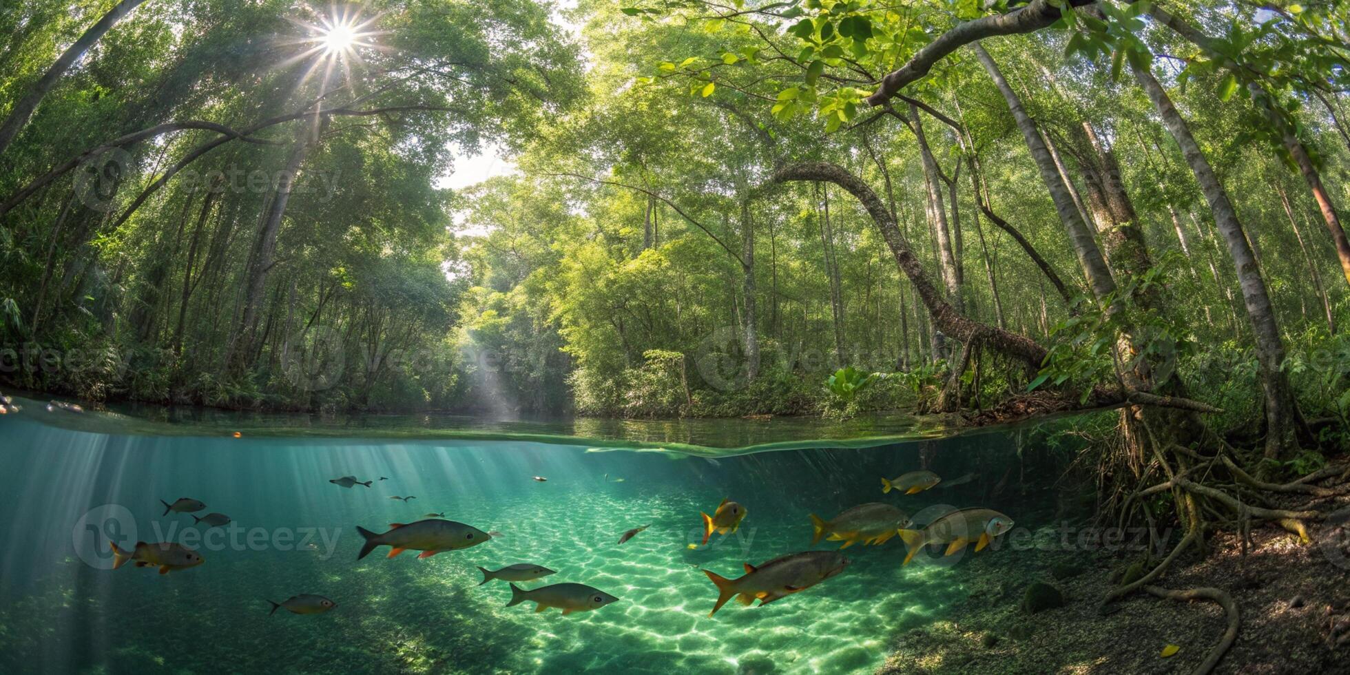 A high-resolution panoramic shot of the Amazon flooded forest, with piranhas swimming in the water and bright sunlight filtering through the canopy photo
