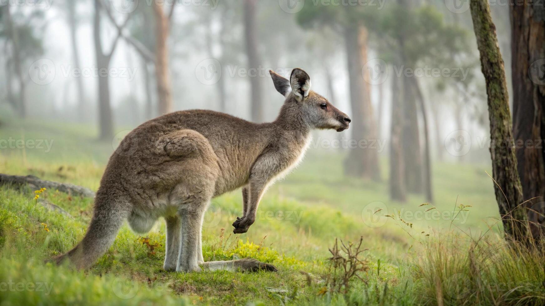 A stunning hyper realistic photograph of an Eastern Grey Kangaroo grazing in lush, misty forests photo