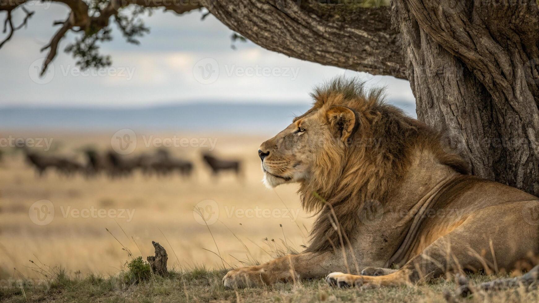 A photograph of an East African Lion resting under the shade of a baobab tree. photo