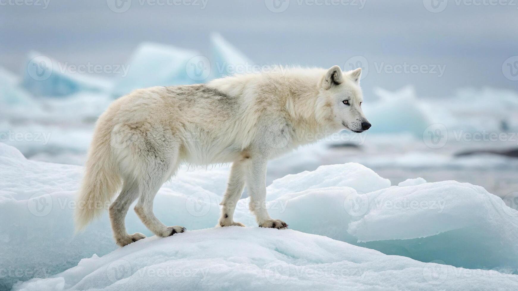 An awe inspiring hyper-realistic photograph of an Arctic Wolf standing atop a frozen glacier, photo
