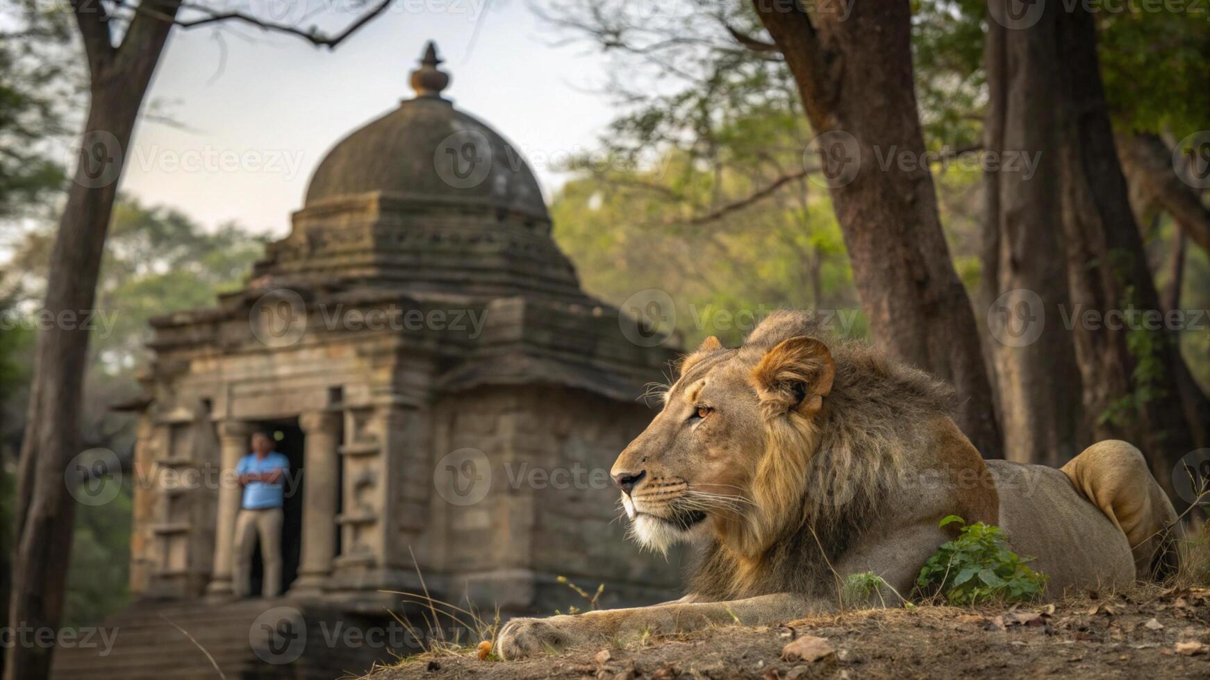 A stunning 16K resolution photograph of an Asiatic Lion resting near an ancient stone temple photo