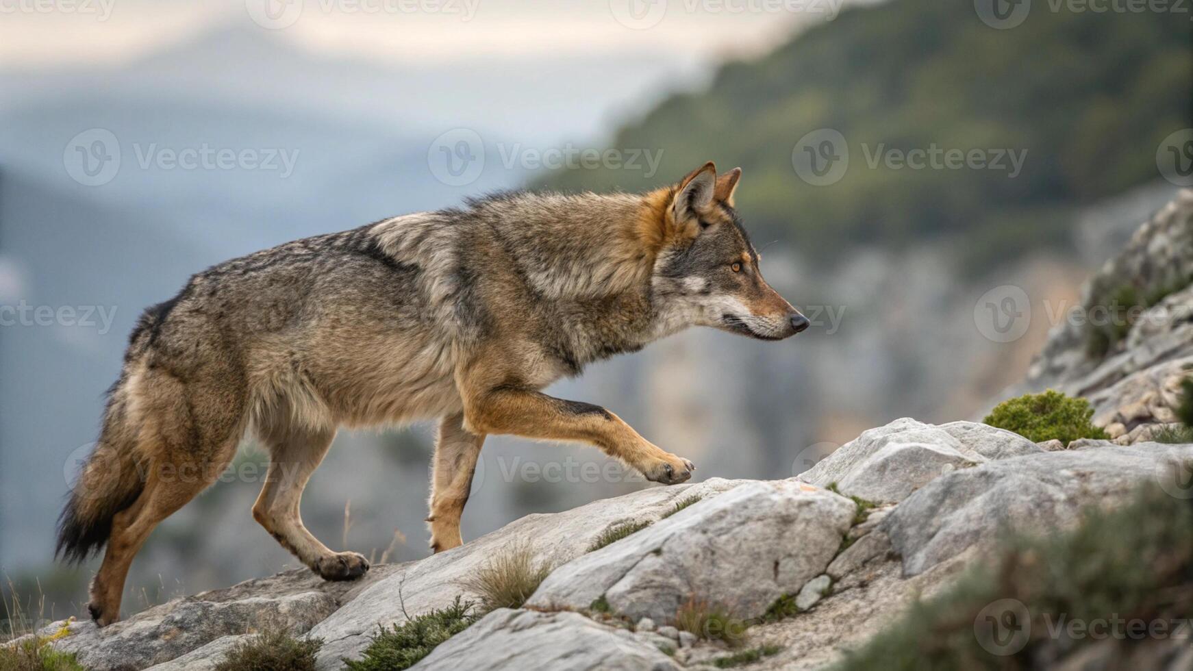 An extraordinary realistic photograph of an Iberian Wolf prowling through the rugged mountains photo