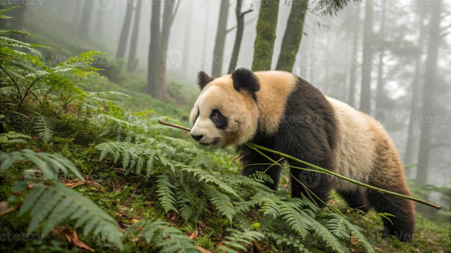 An awe inspiring hyper realistic photograph of a rare Qinling Panda exploring the misty highlands photo