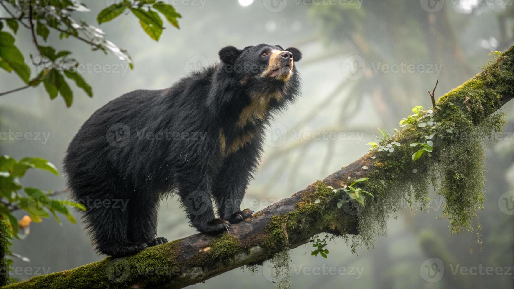 A breathtaking hyper realistic photograph of a Spectacled Bear perched on a tree branch photo