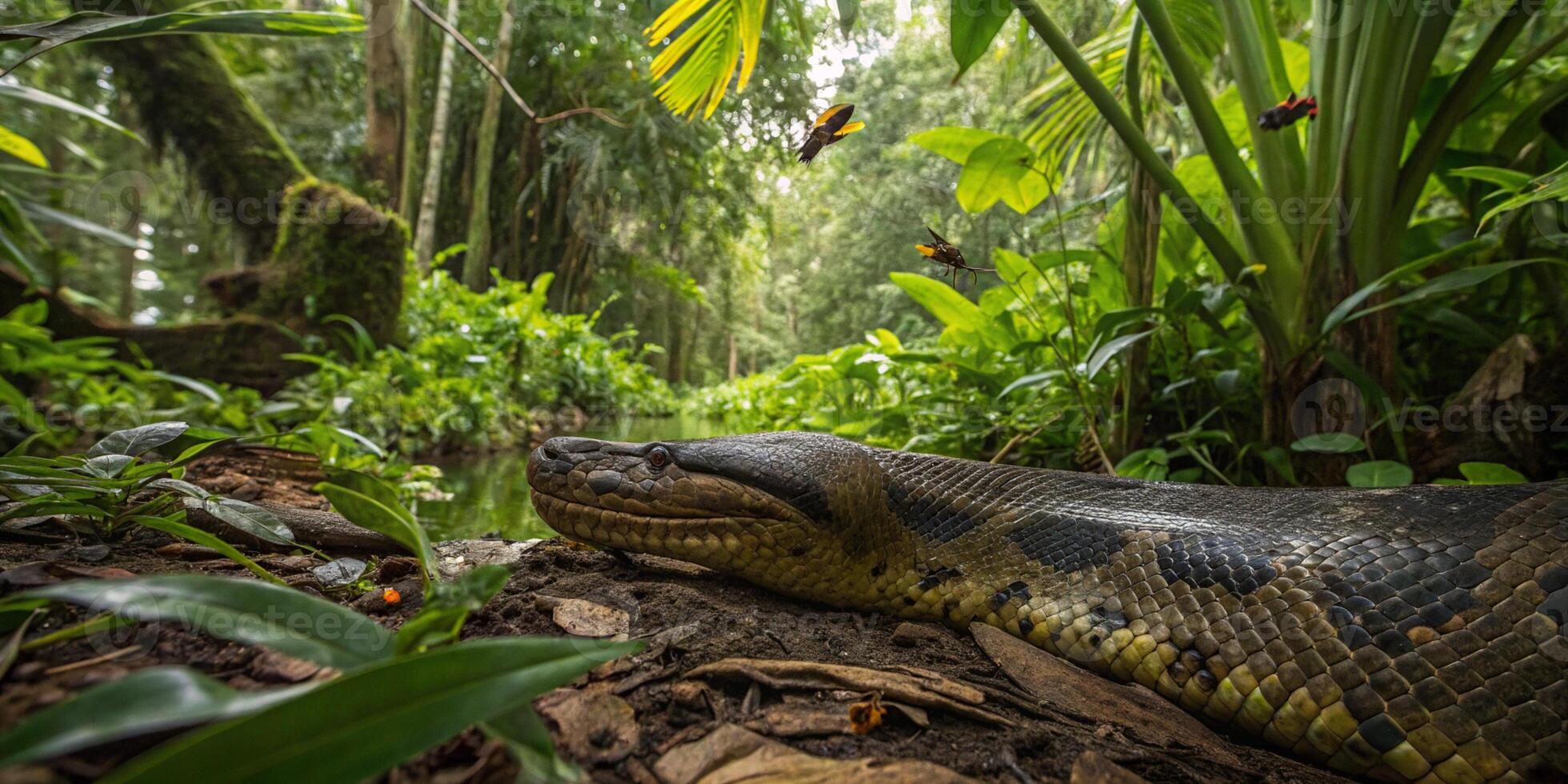 A close-up panoramic view of a giant anaconda resting near a swamp in the Amazon rainforest, surrounded by tropical plants and insects buzzing in the air photo