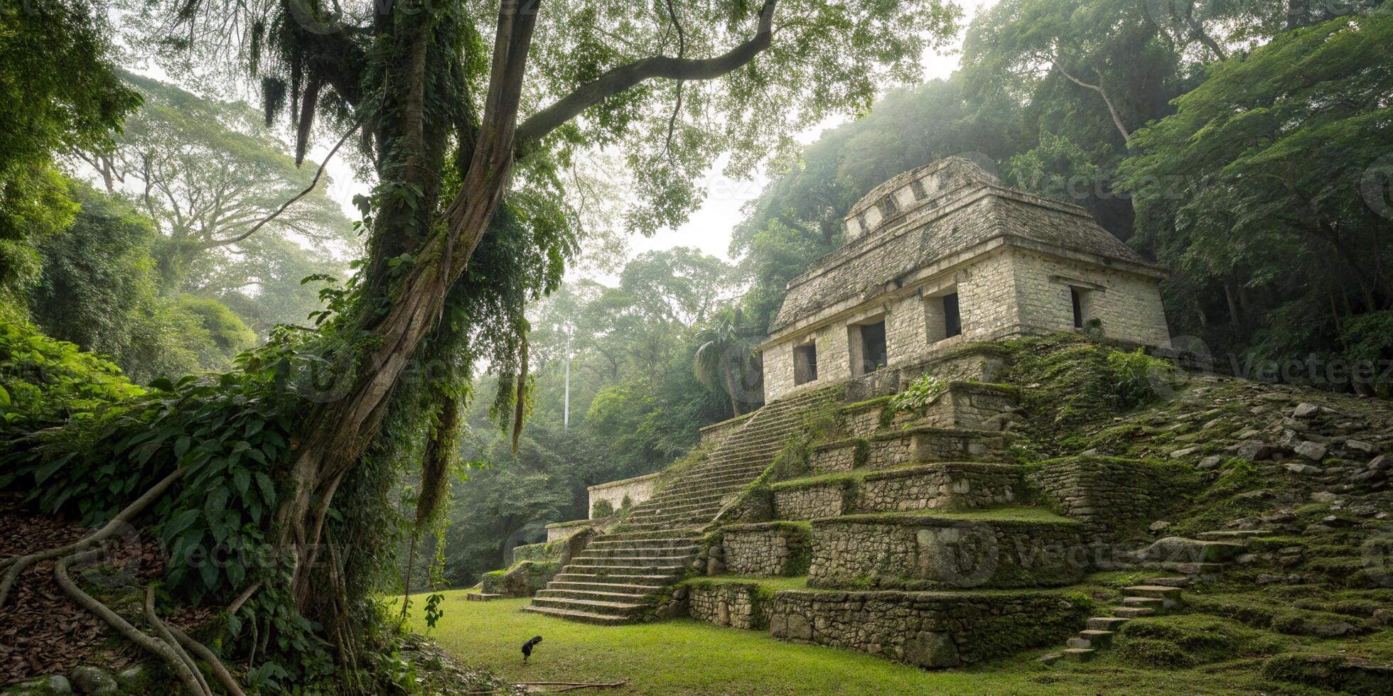 A Full HD panoramic view of an ancient, hidden Mayan temple deep in the Amazon, surrounded by thick vines, exotic plants, and monkeys jumping from tree to tree photo