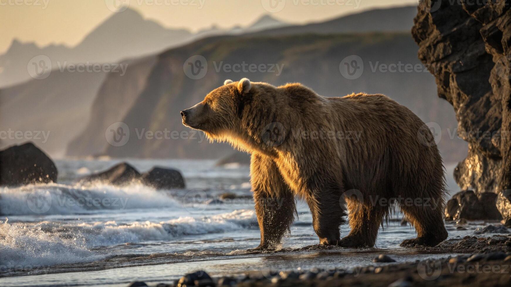 An inspiring hyper realistic photograph of a Kodiak Bear standing majestically on the rocky shores photo