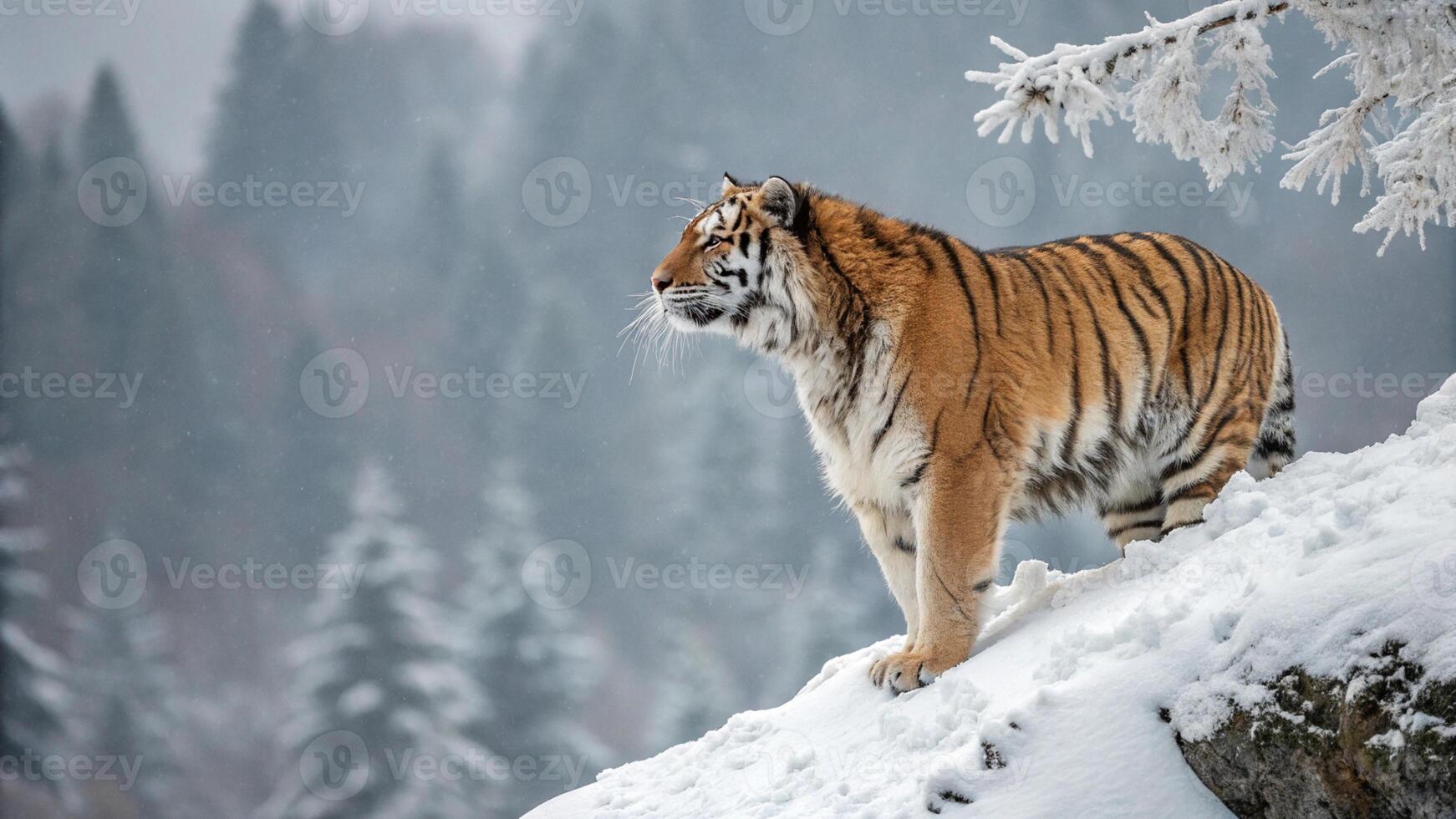 An ultra detailed 16K resolution photograph of a Siberian Tiger standing on a snow covered cliff photo