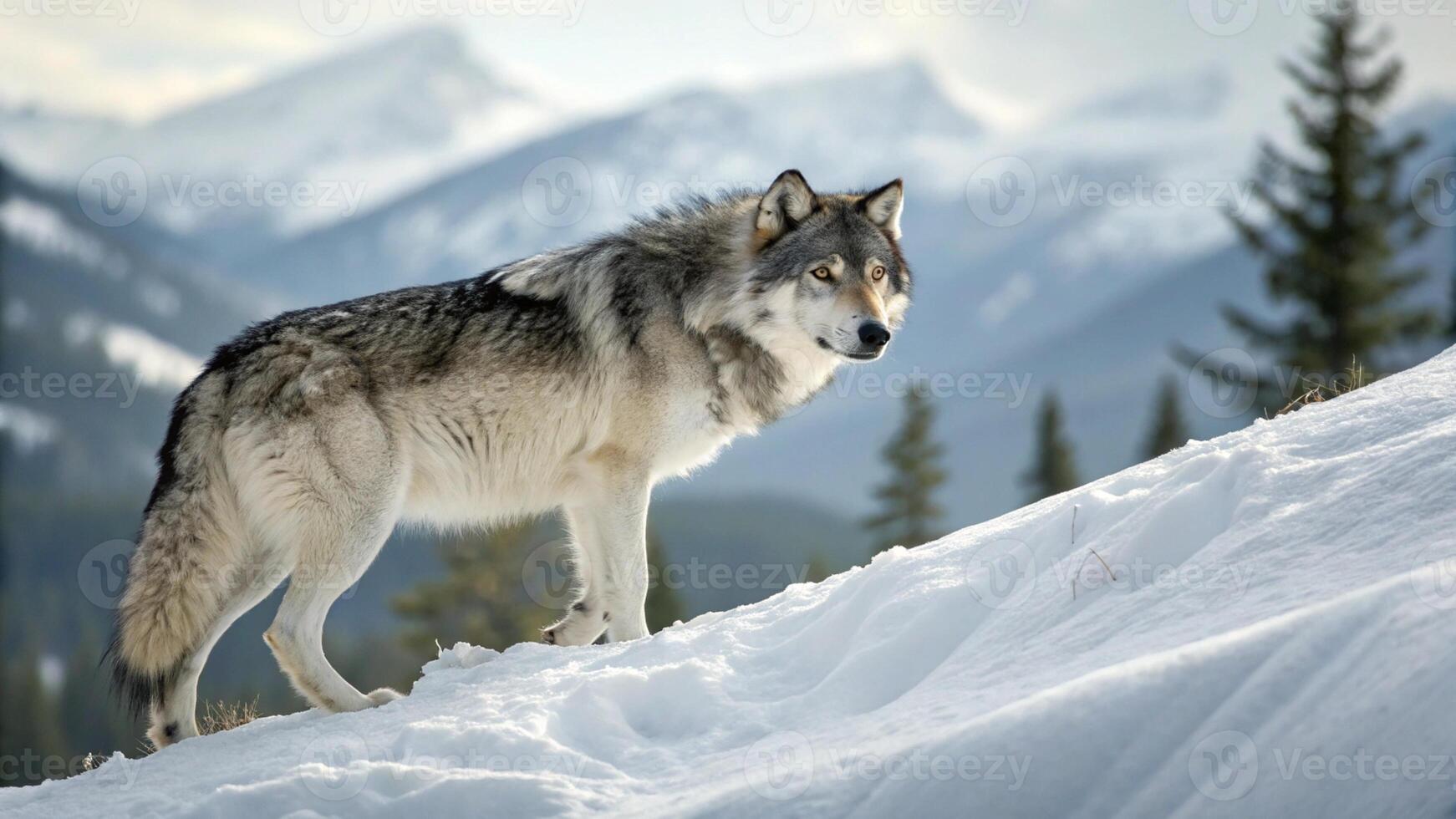 A breathtaking realistic photograph of a Gray Wolf standing proudly on a snow covered mountain photo