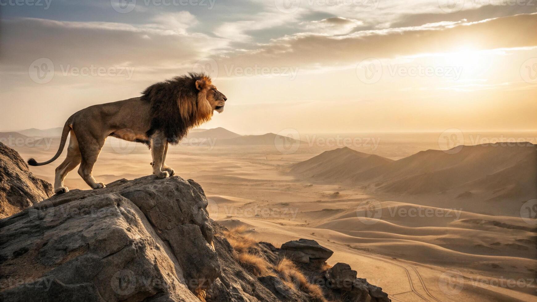 An ultra detailed 16K resolution photograph of a majestic Barbary Lion standing atop a rocky cliff photo