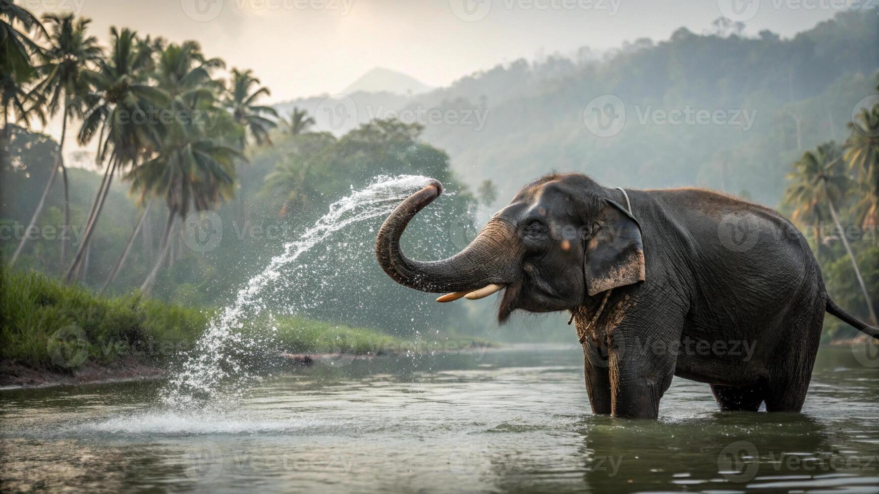 An ultra-detailed realistic photograph of a Sri Lankan Elephant bathing in a serene river, photo