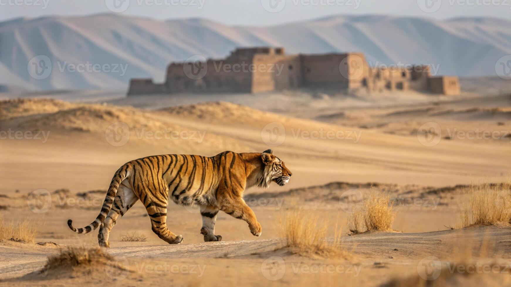A hyper realistic artistic reconstruction of a Caspian Tiger walking through the golden deserts photo