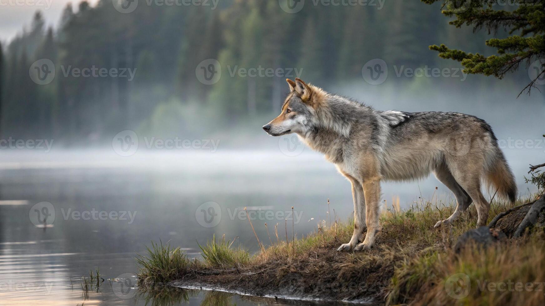 A captivating realistic photograph of an Eastern Wolf standing at the edge of a misty Canadian lake photo