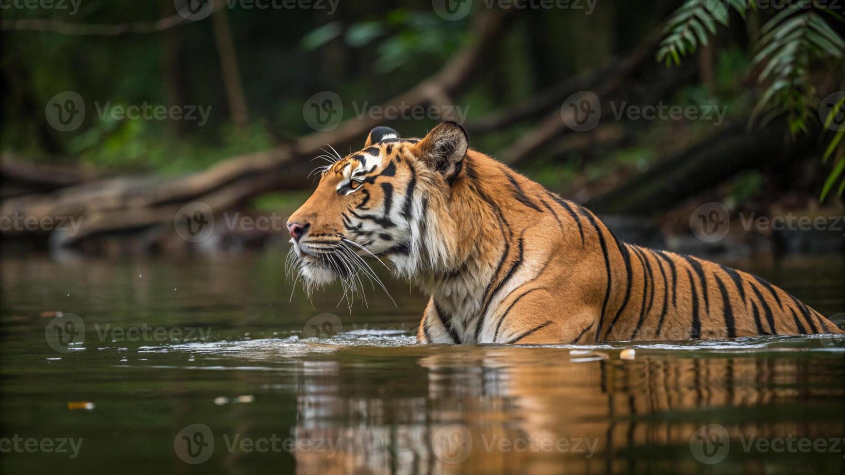 An ultra detailed 16K resolution photograph of a Malayan Tiger resting by a crystal clear jungle river photo