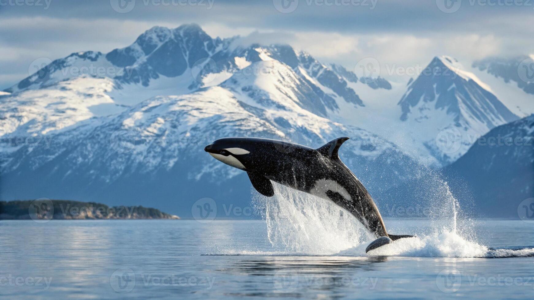 A breathtaking photograph of a majestic Orca breaching the surface of the icy North Pacific waters photo