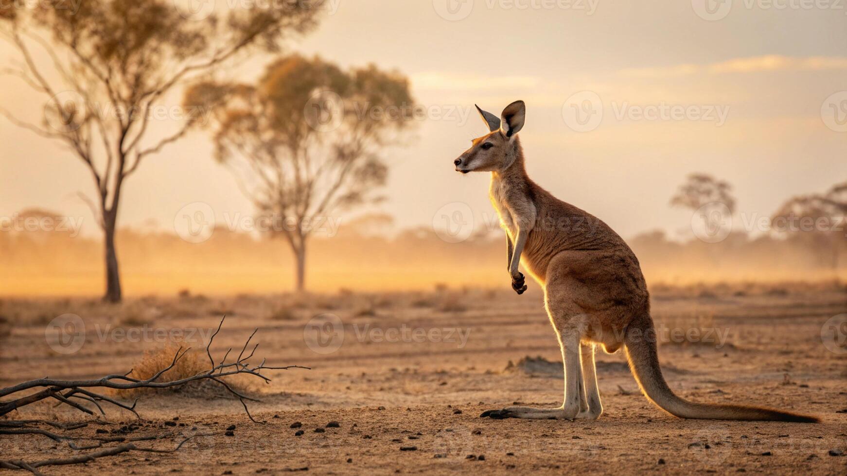 A breathtaking realistic photograph of a powerful Red Kangaroo standing tall in the vast Australian photo