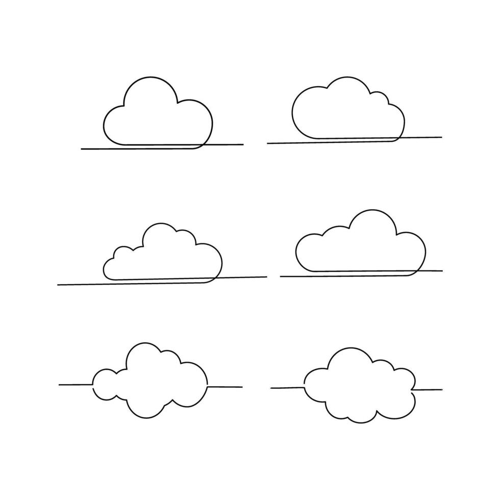Continuous line drawing of clouds set on white background. vector