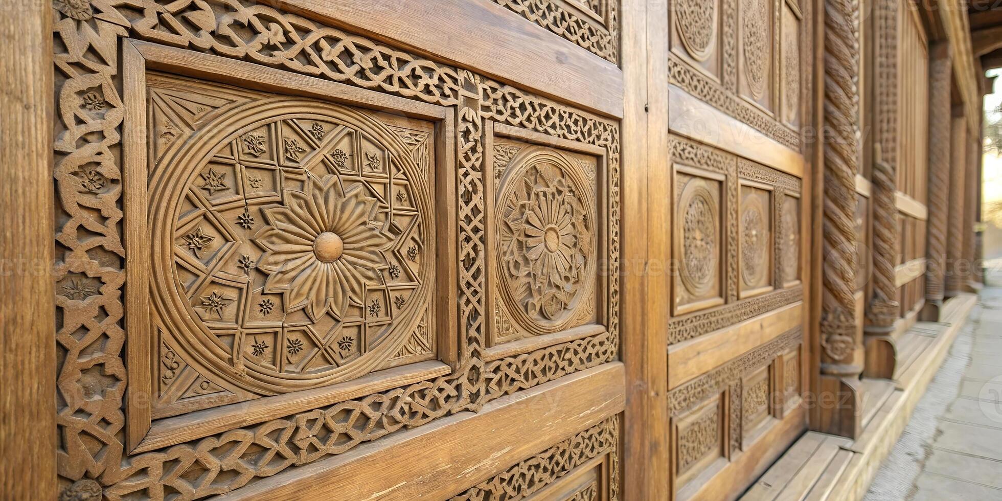 Wooden fort panel with intricate patterns. photo