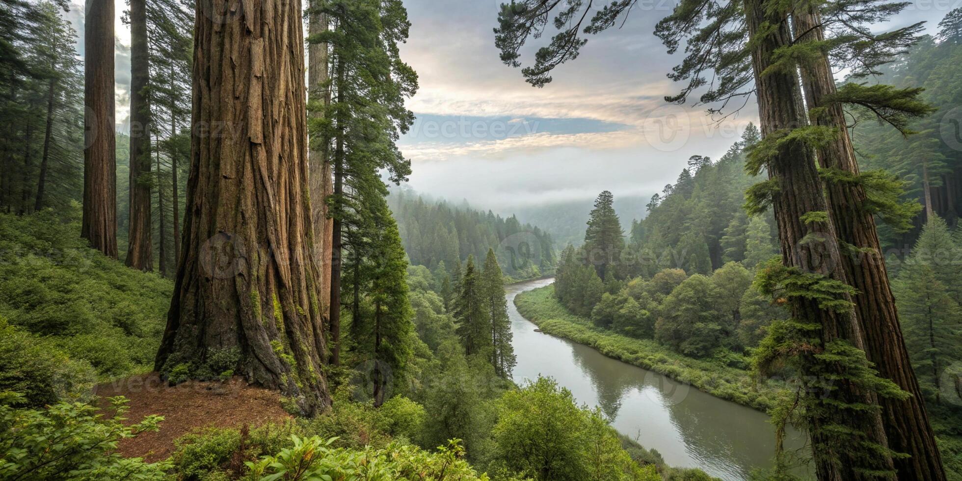 A Panoramic Shot of a Dense Redwood Forest in California photo